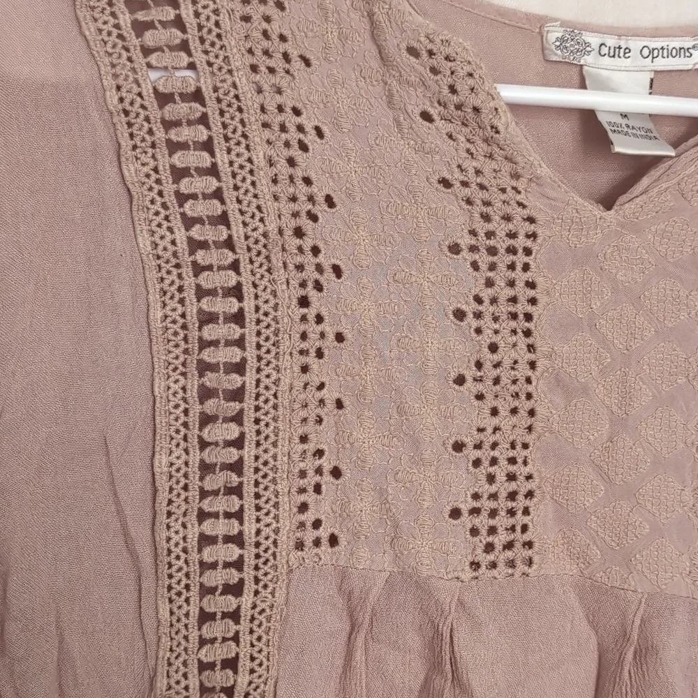 Vintage Cute Options Blush Pink Rayon Embroidered Long Sleeve Blouse Size Medium - Picture 4 of 6